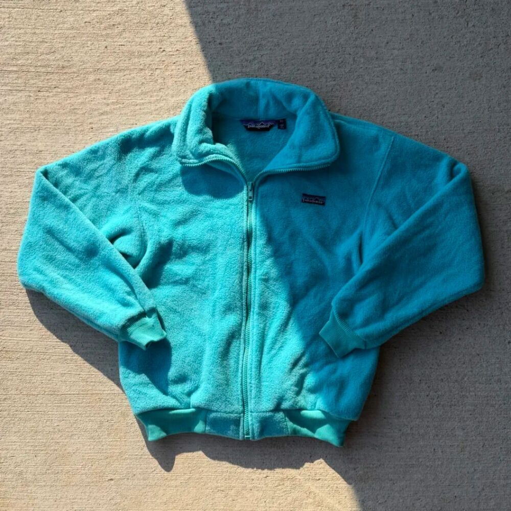 Vintage 80s Patagonia Full Zip Fleece Jacket USA Teal Aqua Womens 10 Pile Bomber